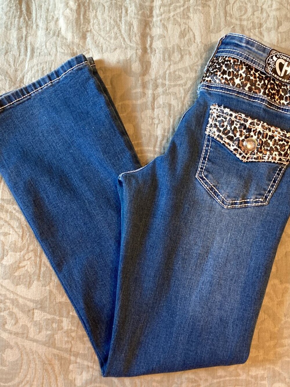 Cowgirl Hardware Girls Western Bootcut Jeans Cheetah Trim Size 8 Like New!